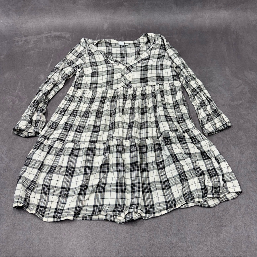 GAP Black and White plaid babydoll dress checkered casual v neck size S PETITE